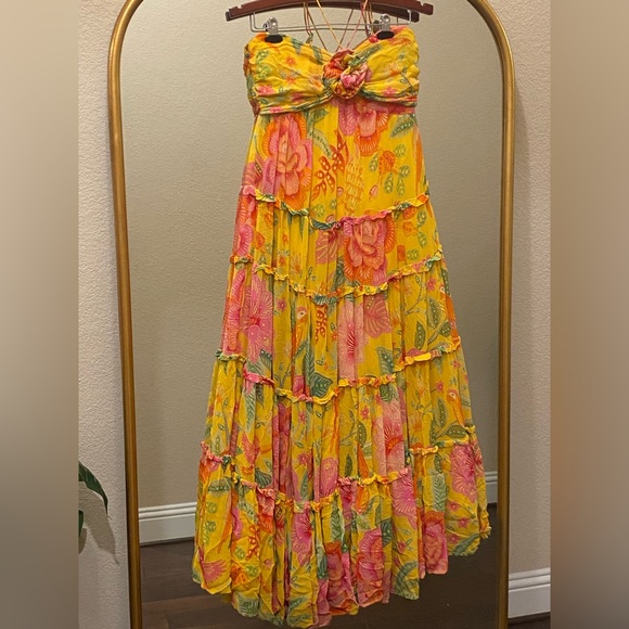 FARM Rio Macaw Bloom Gold and Pink Ruffled Tiered Maxi Dress Size M - Picture 4 of 16